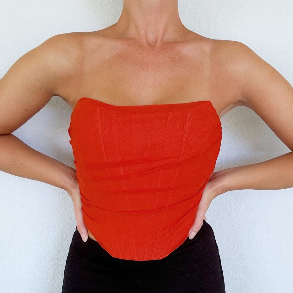 Burnt orange draped sheer mesh strapless bustier corset crop top size small